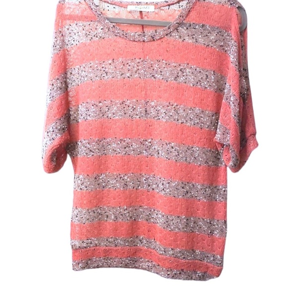 ROMY Pink Nubby Knit Striped Split Flutter Sleeve Blouse - Picture 2 of 3